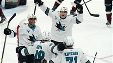 Hokejisté San Jose Sharks slaví trefu Tomáe Hertla (48). Gratulují Evander...