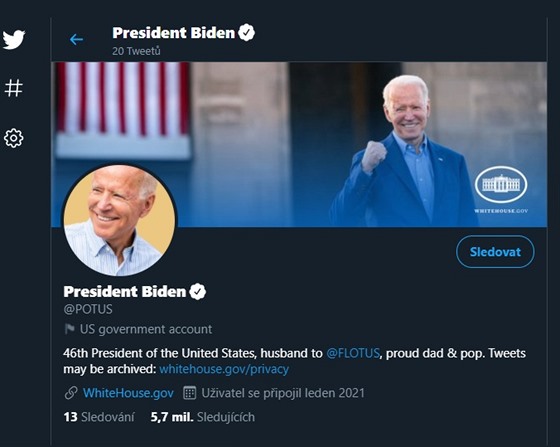Oficiální prezidentský twitterový účet Joea Bidena