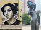 Díla na legální zdi pro tvorbu graffiti v ulici Mezi Vodami (vlevo) a bronzová...