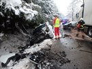 Na silnici mezi Trutnovem a Pilnkovem havarovala ti auta (19. 1. 2021).