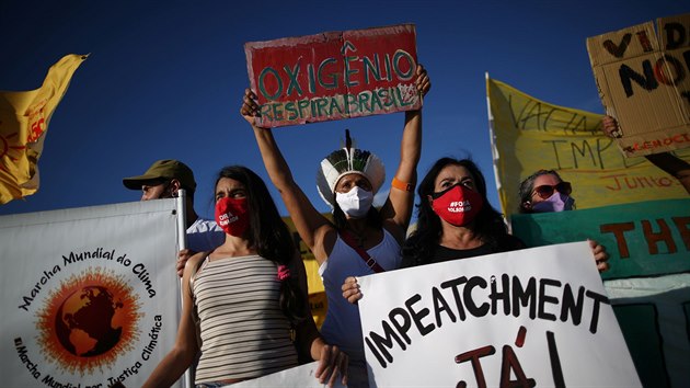 Lidé ve městě Brasília demonstrují proti prezidentovi Jairu Bolsonarovi. (24. ledna 2021)