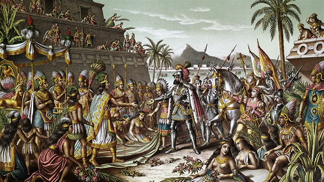 Cortésovo setkání s Moctezumou II. Aztékové dobyvatele nejprve přijali vlídně.