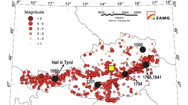 Žluté místo ukazuje epicentrum zemětřesení z 20. ledna. Červeně jsou označena epicentra zaznamenaná v Rakousku od roku 1900.