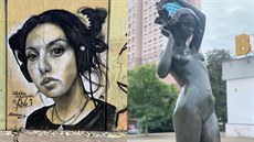 Díla na legální zdi pro tvorbu graffiti v ulici Mezi Vodami (vlevo) a bronzová...
