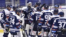 Hokejisté Vítkovic se radují z vítězství nad Olomoucí.