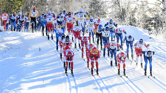 Čelo závodu na 15 km s hromadným startem ve Falunu
