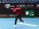 Amerianka Serena Williamsová se opírá do bekhendu v prvním kole Australian...
