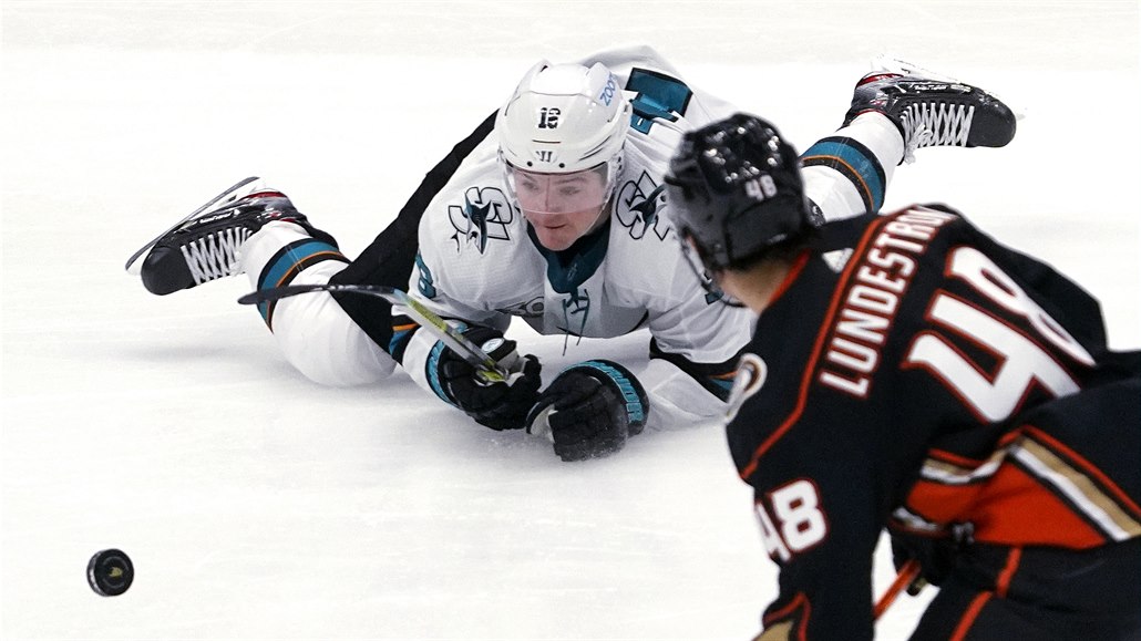 Patrick Marleau ze San Jose (vlevo) bojuje o puk s Anaheimem