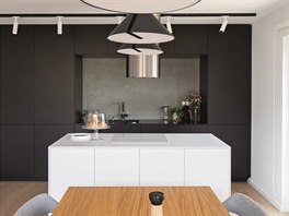 Černobílý design kuchyně je opravdu důsledný – s výjimkou betonových...