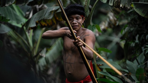Příslušník domorodého kmene Yanomami ve vesnici Irotatheri v brazilském státě Amazonas