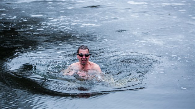 Otužilec Jiří Ulč se vynořuje z vody poté, co podplaval led na zamrzlém lomu. (30. 1. 2021)