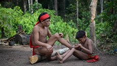 Písluníci domorodého kmene Yanomami ve vesnici Irotatheri v brazilském stát...
