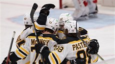 Bostontí hokejisté oslavují trefu Davida Pastráka.