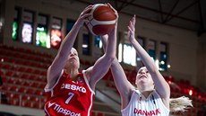 eská basketbalistka Alena Hanuová (vlevo) si doskoila v zápase s Dánskem.