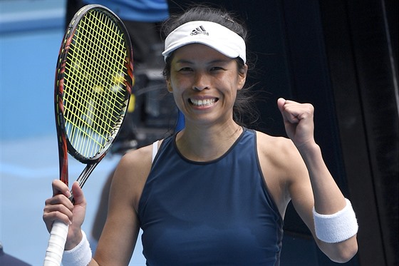 Sie Šu-wej z Tchaj-wanu slaví postup do čtvrtfinále Australian Open.