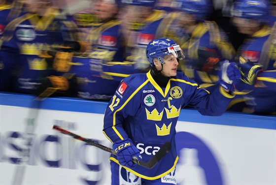 Švédští hokejisté oslavují gól, ktreý vstřelil Max Friberg.