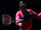 Amerianka Serena Williamsová se opírá do forhendu ve druhém kole Australian...