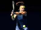 Karolína Muchová hraje bekhend ve tvrtfinále Australian Open.