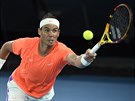 panl Rafael Nadal smutní se natahuje po míi ve tvrtfinále Australian Open.