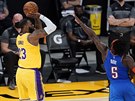 LeBron James z LA Lakers stílí trojku v zápase s Oklahomou.