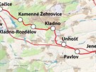 Mapa trati mezi Rakovníkem a stanicí Praha-Libe