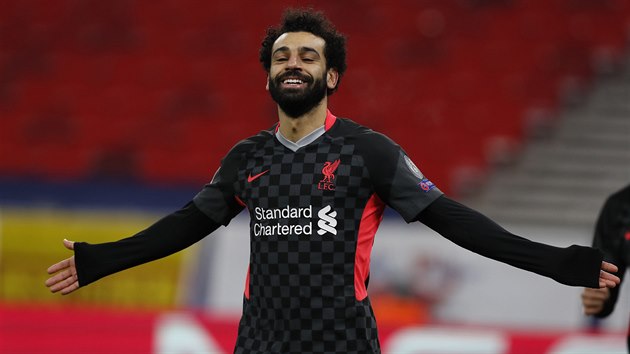 Muhammad Salah z Liverpoolu se raduje z branky do st LIpska.