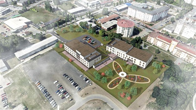 Takto bude dle vizualizace vypadat areál nového jihlavského domova seniorů po otevření. Staví se vedle nemocnice.