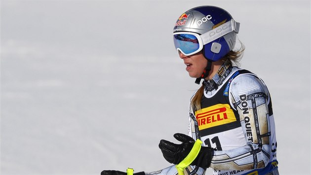 Ester Ledecká v cíli superobřího slalomu na mistrovství světa v Cortině d'Ampezzo