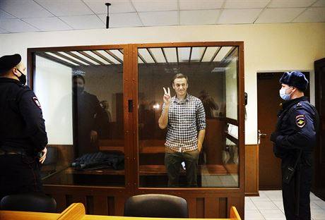 Ruský vdce opozice Alexej Navanyj stojí v kleci u Babukinského okresního...