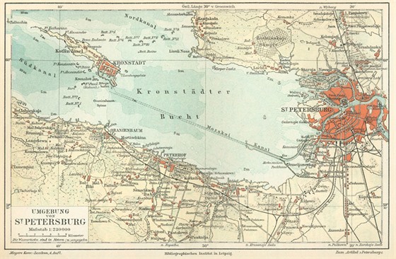 Mapa Finského zálivu s Petrohradem a Kronštadtem