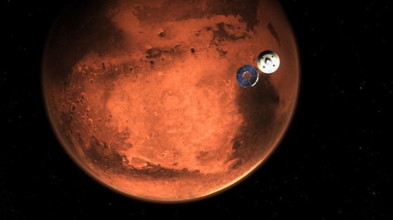 Ilustrace pistání robotické sondy Perseverance na povrchu Marsu