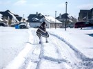 Mu prochází zmrzlou ulicí v texaském mst Pflugerville. (15. února 2021)