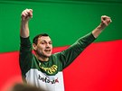 Litevský basketbalista Jonas Maiulis se raduje bhem zápasu s eskem.