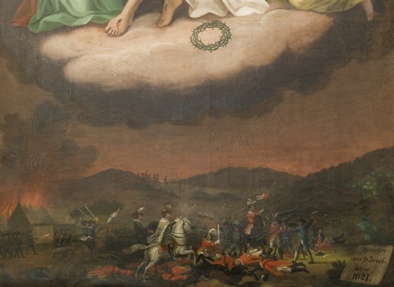 Zobrazení bitvy u Nového Jiína v roce 1621 na oltáním plátn panlské kaple...