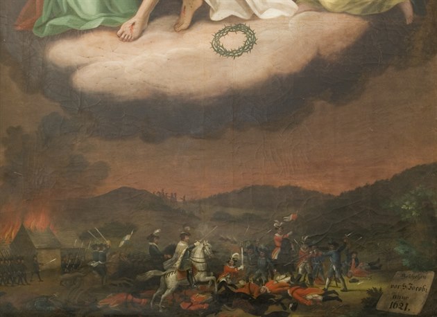 Zobrazení bitvy u Nového Jiína v roce 1621 na oltáním plátn panlské kaple...