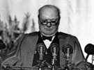 Fulton, Missouri. Winston Churchill bhem svého slavného projevu o elezné...