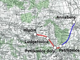 Mapa zaniklé a nedokončená trati Hlučín - Petřkovice - Annaberg