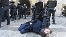 Policista pacifikuje enu na Staromstském námstí v Praze, kde se konala...