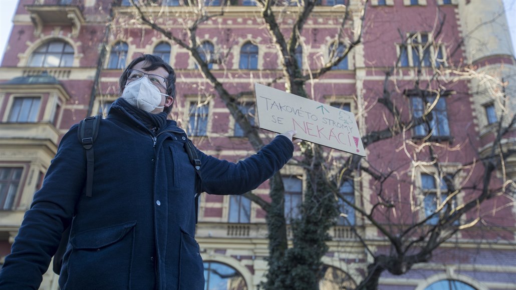 Protestní shromá�d�ní u Smetanova náb�e�í proti kácení javoru st�íbrného. Na...