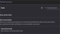 Chrome zobrazuje informaci o monosti vyzrazení hesel.