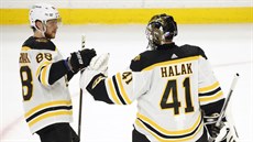 David Pastrák (88) a Jaroslav Halák (41) oslavují výhru Bostonu nad Buffalem.