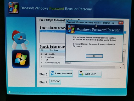 Omezení trial verze programu Windows Password Rescuer