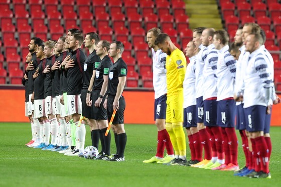 Fotbalisté Česka (v popředí) a Belgie během nástupu před začátkem zápasu