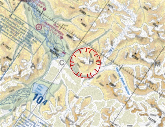 Místo havarovaného vrtulníku v oblasti laljašského ledovce Knik