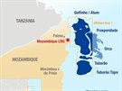Mapa nalezi zemního plynu u pobeí severního Mosambiku