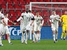 Belgian Romelu Lukaku (s íslem 10) slaví se spoluhrái vyrovnávací gól proti...