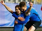 Estonský fotbalista Rauno Sappinen oslavuje svou trefu v utkání proti eské...