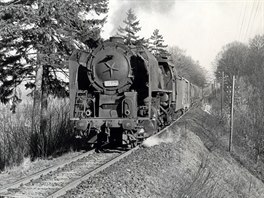 Lokomotiva 556.043 v �ele nákladního vlaku u Kuksu, 11. 4. 1979