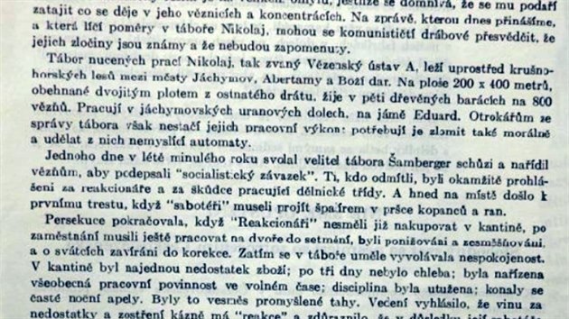 Jeden z letk redaktor rozhlasov stanice Svobodn Evropa z roku 1953, kter informuje o nezkonnostech na jchymovskch tborech.