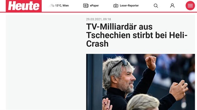 Televizn miliard z eska zahynul pi havrii vrtulnku, uvd rakousk denk Heute. 